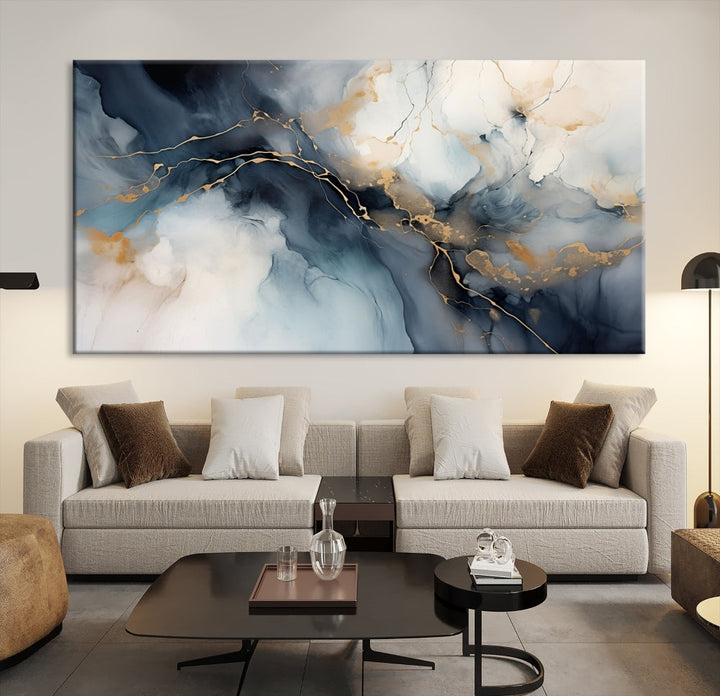 Abstract Marble Canvas Wall Art Minimalist Modern Blue Painting Printed on Canvas