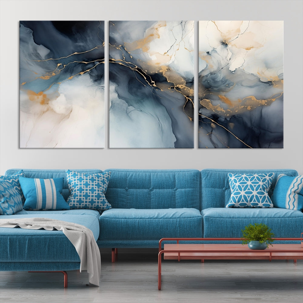 Abstract Marble Canvas Wall Art Minimalist Modern Blue Painting Printed on Canvas