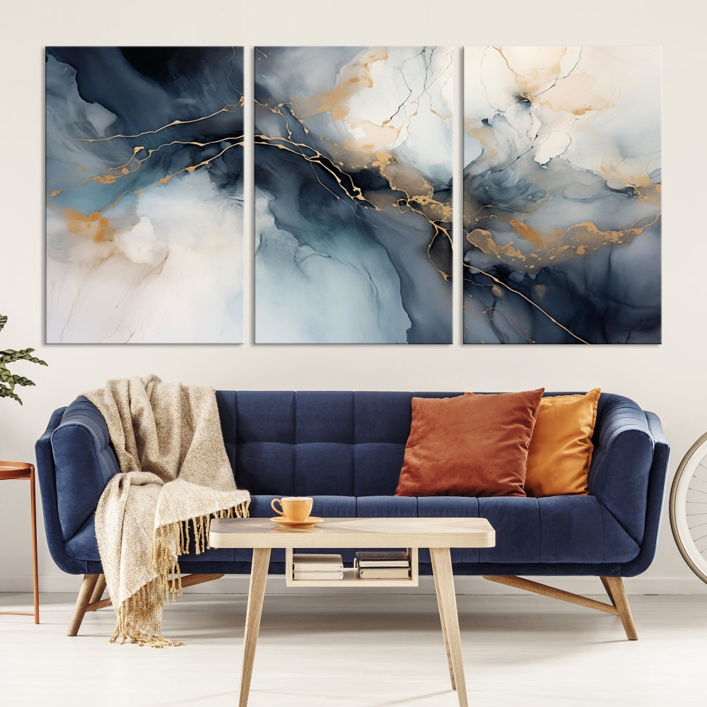 Abstract Marble Canvas Wall Art Minimalist Modern Blue Painting Printed on Canvas