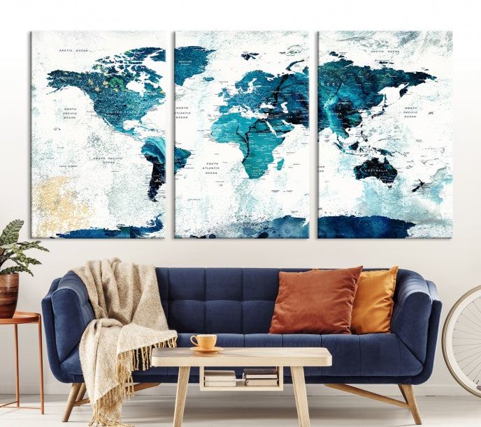 Abstract Navy Blue Large World Map Wall Art Canvas Print