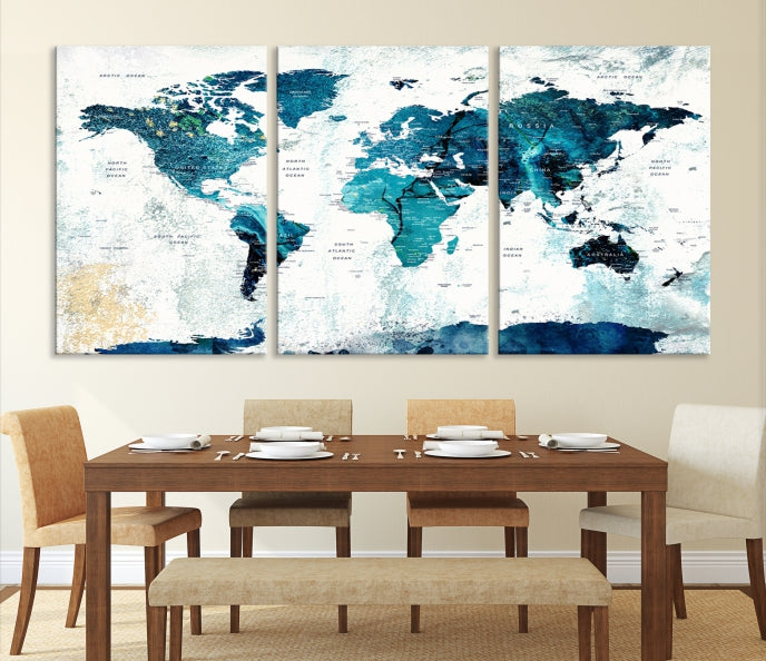 Abstract Navy Blue Large World Map Wall Art Canvas Print