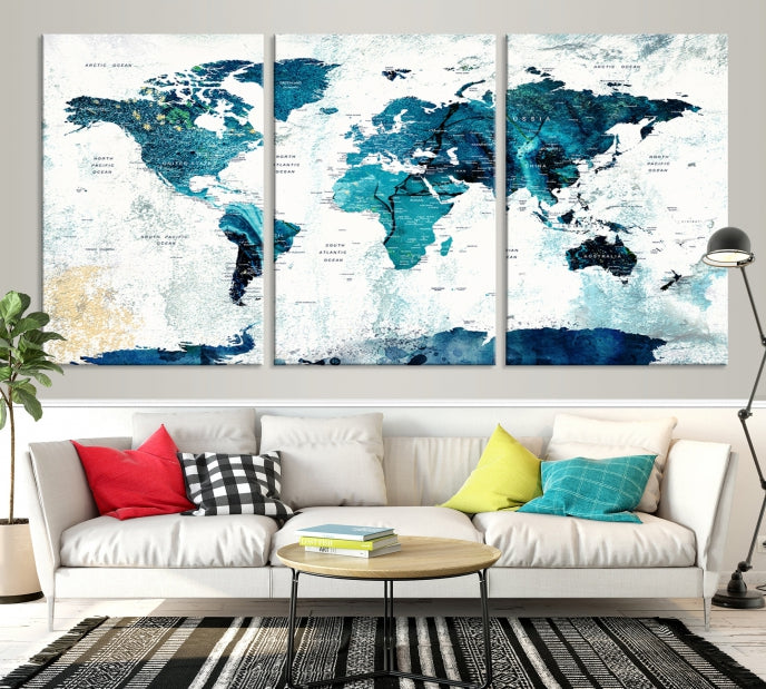 Abstract Navy Blue Large World Map Wall Art Canvas Print