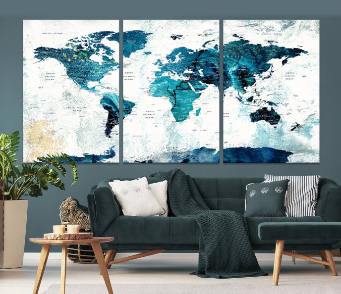 Abstract Navy Blue Large World Map Wall Art Canvas Print