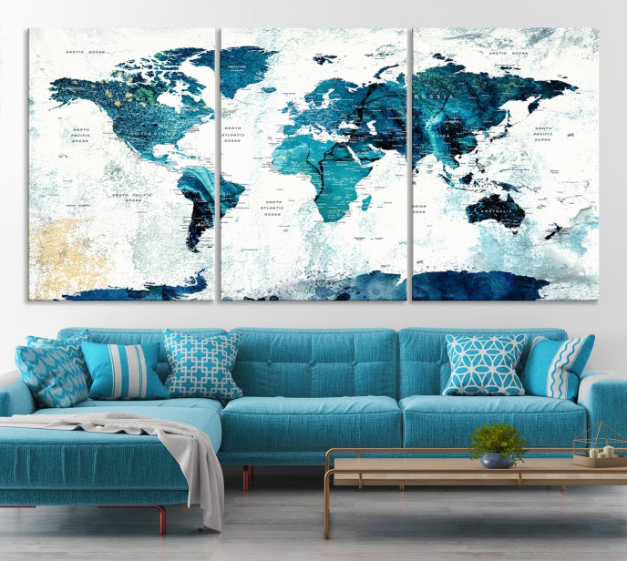 Abstract Navy Blue Large World Map Wall Art Canvas Print