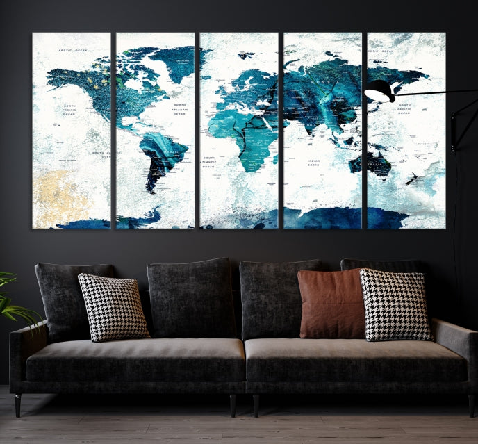 Abstract Navy Blue Large World Map Wall Art Canvas Print