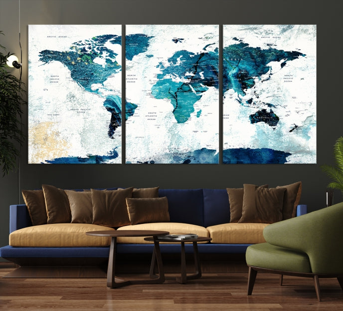 Abstract Navy Blue Large World Map Wall Art Canvas Print