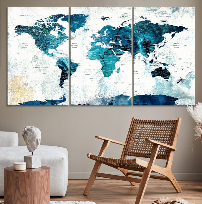 Abstract Navy Blue Large World Map Wall Art Canvas Print