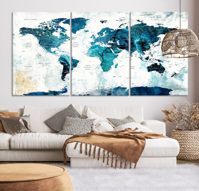 Abstract Navy Blue Large World Map Wall Art Canvas Print