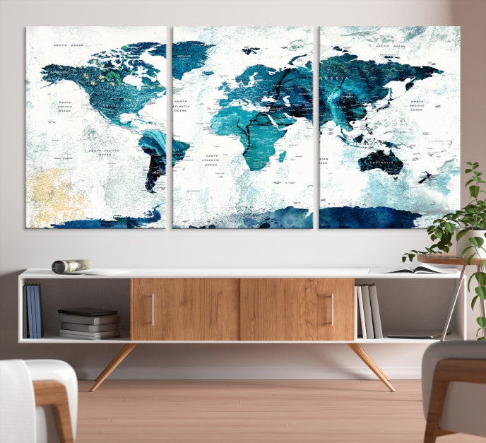 Abstract Navy Blue Large World Map Wall Art Canvas Print