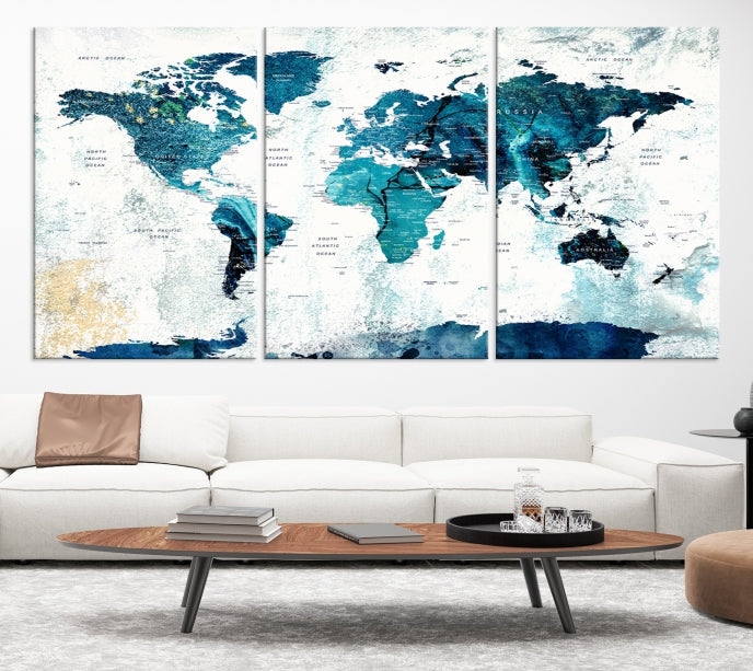 Abstract Navy Blue Large World Map Wall Art Canvas Print