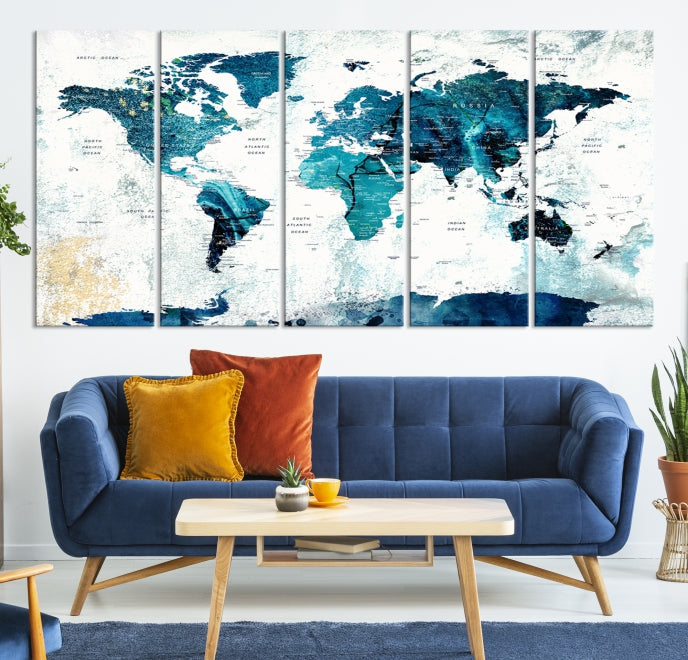 Abstract Navy Blue Large World Map Wall Art Canvas Print