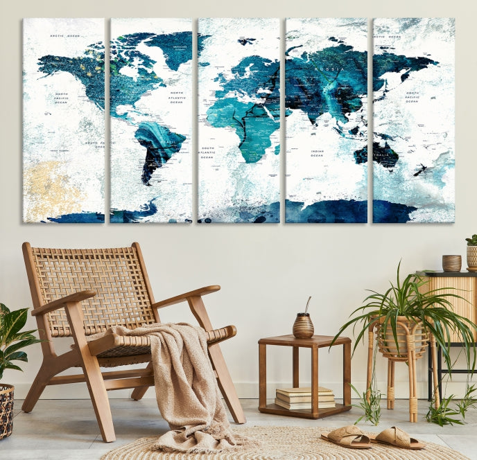 Abstract Navy Blue Large World Map Wall Art Canvas Print