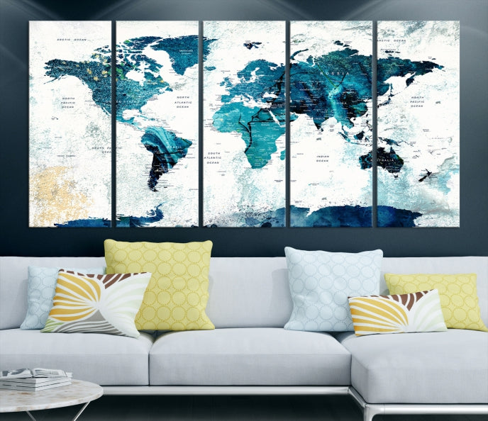 Abstract Navy Blue Large World Map Wall Art Canvas Print