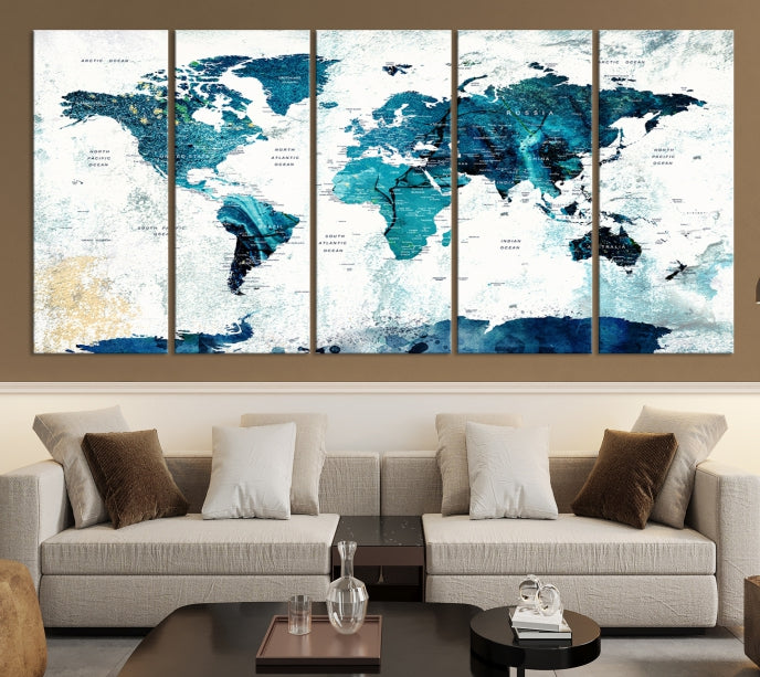 Abstract Navy Blue Large World Map Wall Art Canvas Print