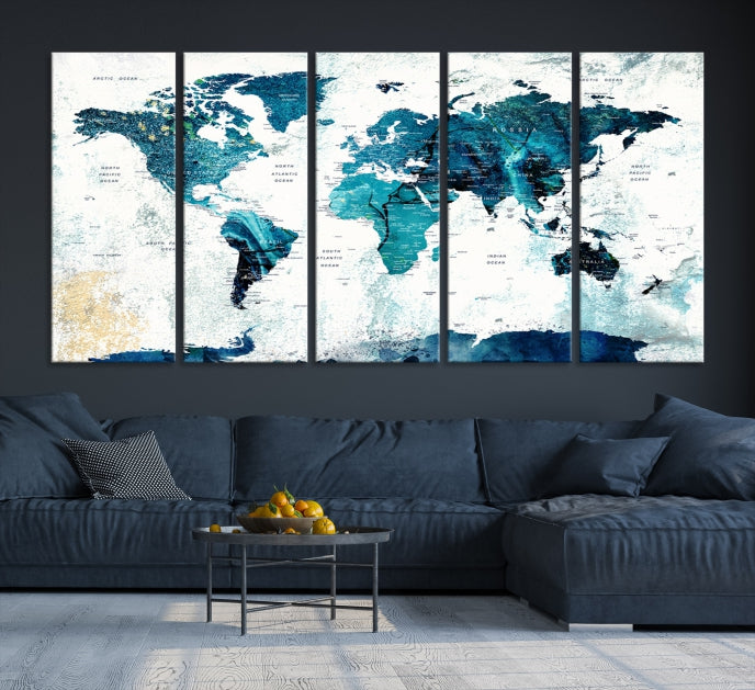 Abstract Navy Blue Large World Map Wall Art Canvas Print