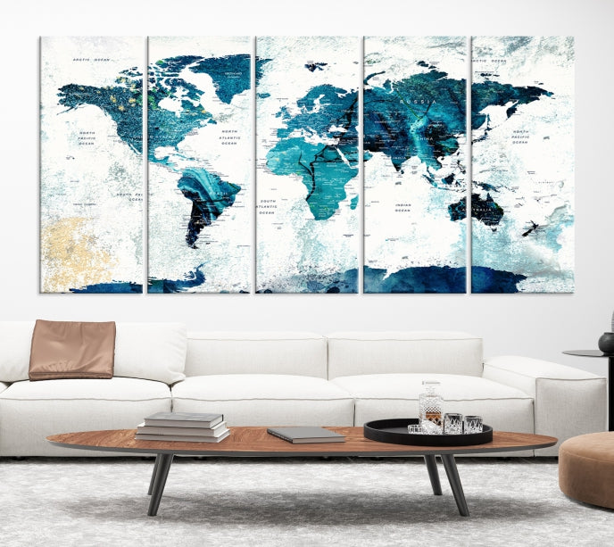 Abstract Navy Blue Large World Map Wall Art Canvas Print