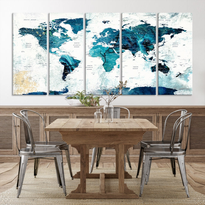 Abstract Navy Blue Large World Map Wall Art Canvas Print