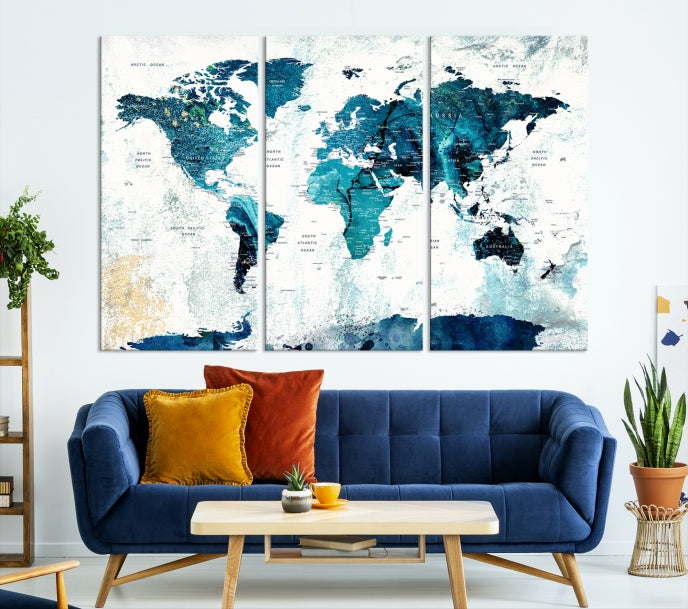 Abstract Navy Blue Large World Map Wall Art Canvas Print