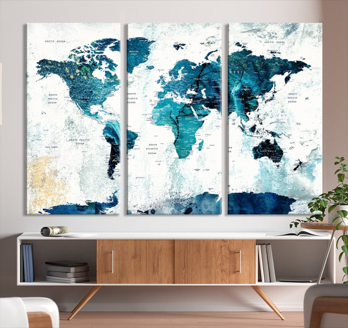 Abstract Navy Blue Large World Map Wall Art Canvas Print