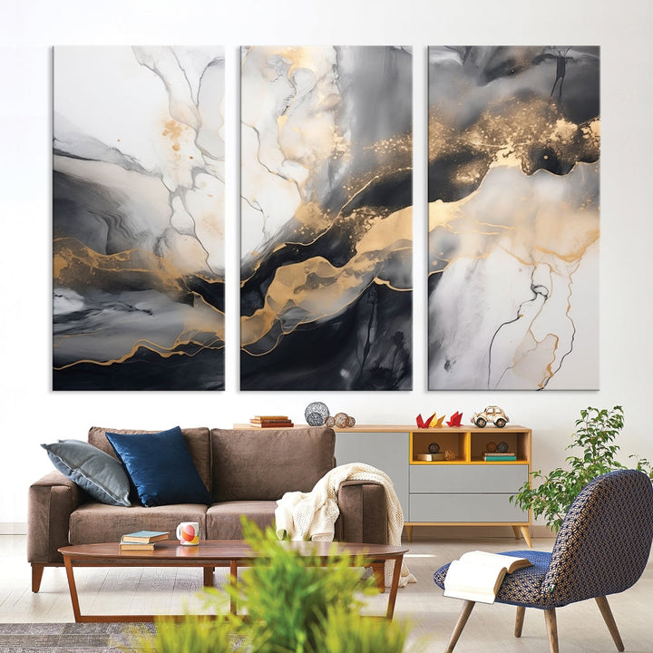 Abstract Painting Gray Gold Canvas Print Contemporary Wall Art Decorative Art