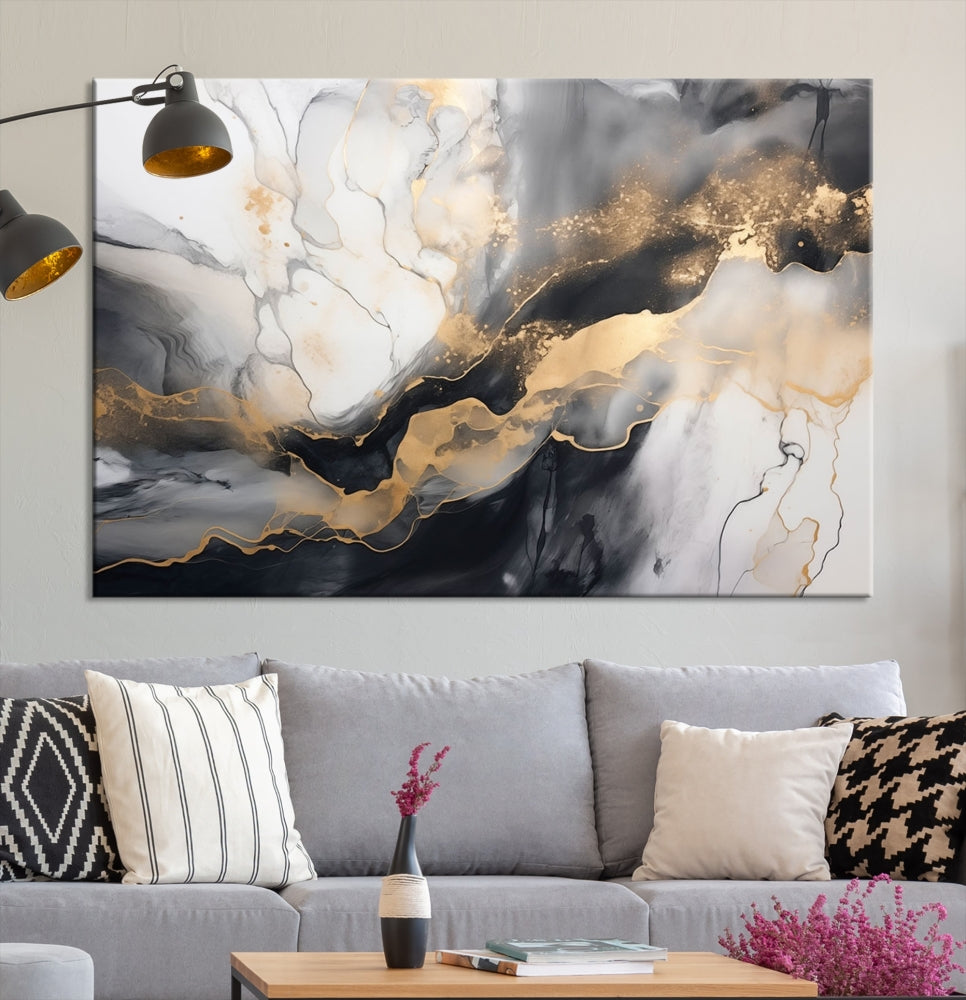 Abstract Painting Gray Gold Canvas Print Contemporary Wall Art Decorative Art