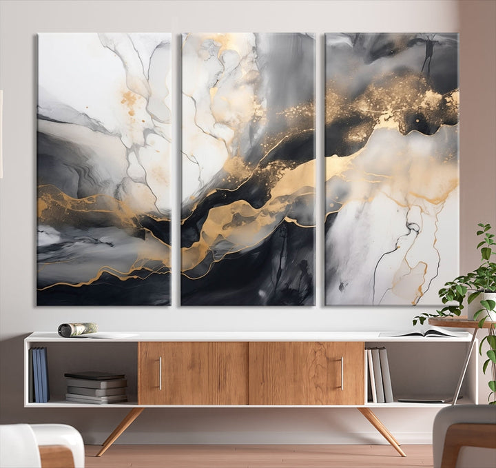 Abstract Painting Gray Gold Canvas Print Contemporary Wall Art Decorative Art