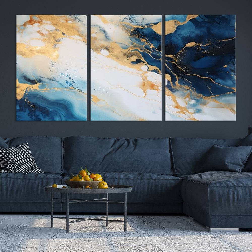 Abstract Painting of Gold Blue Marble Wall Art, Extra Large Framed Canvas Print, Modern Living Room Decor