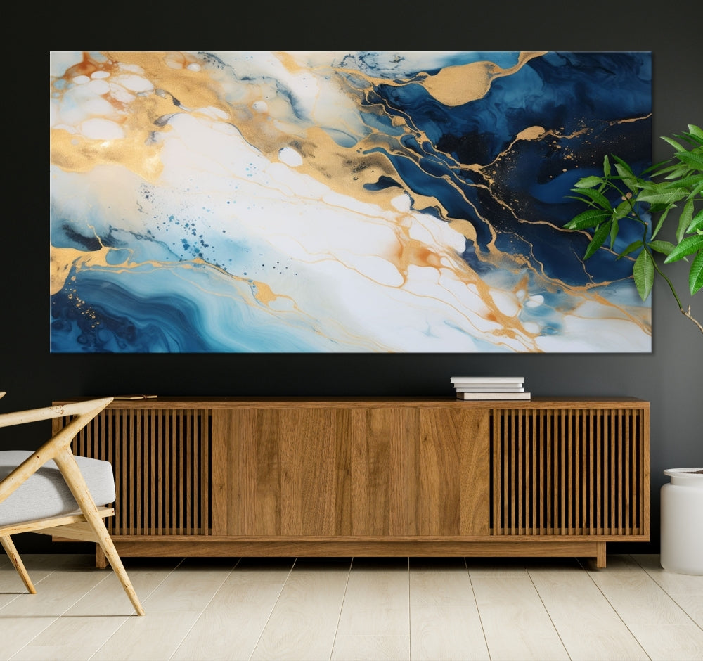 Abstract Painting of Gold Blue Marble Wall Art, Extra Large Framed Canvas Print, Modern Living Room Decor