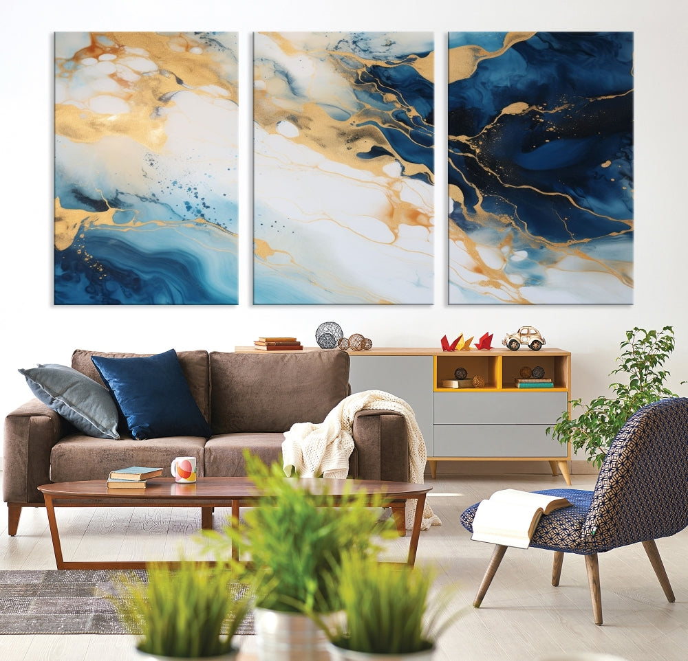 Abstract Painting of Gold Blue Marble Wall Art, Extra Large Framed Canvas Print, Modern Living Room Decor