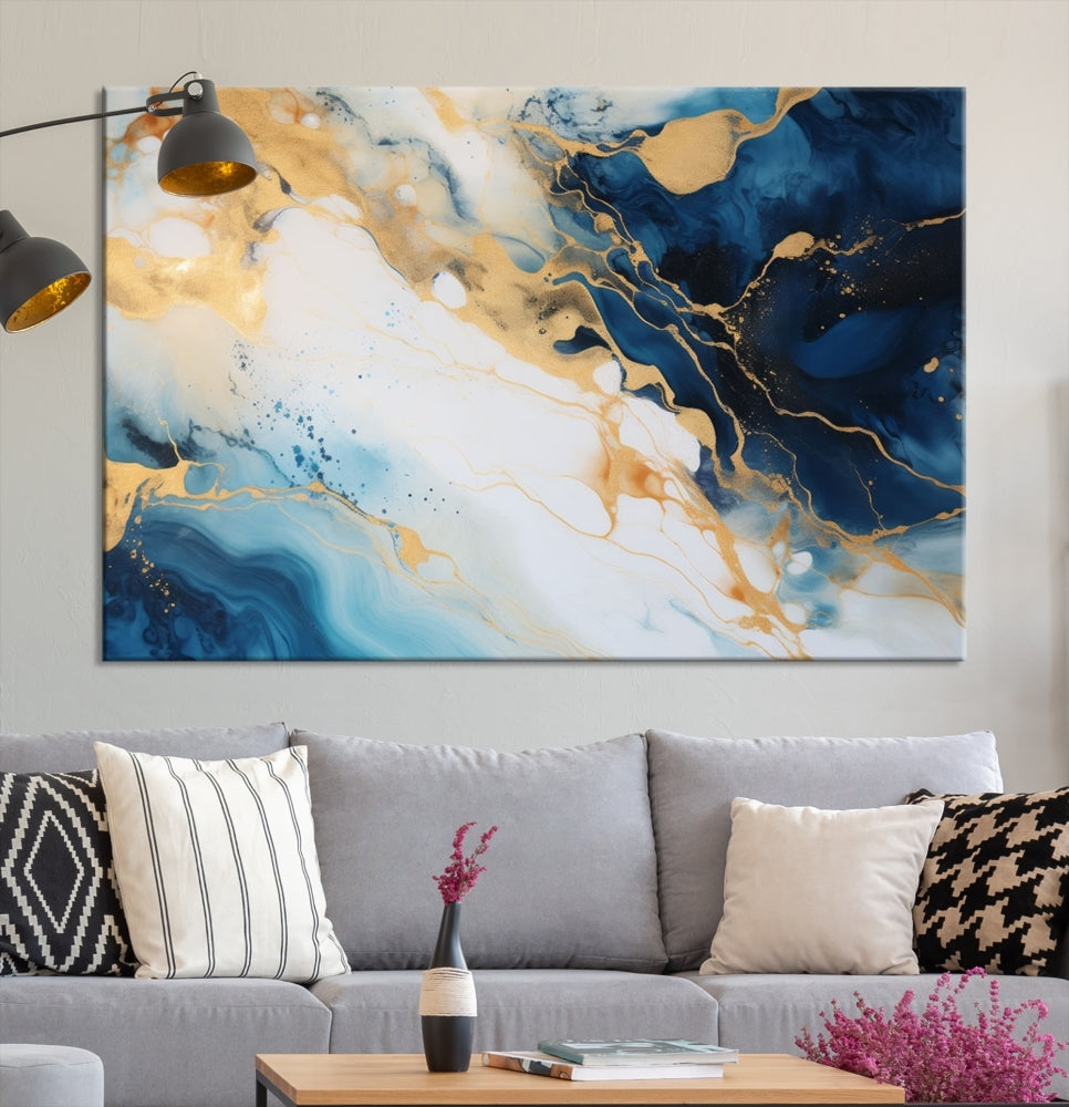 Abstract Painting of Gold Blue Marble Wall Art, Extra Large Framed Canvas Print, Modern Living Room Decor