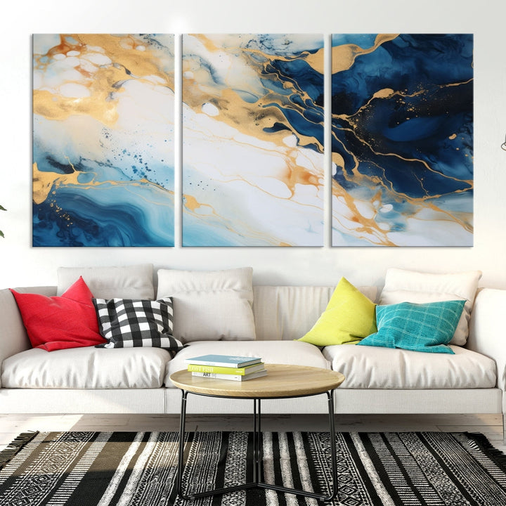 Abstract Painting of Gold Blue Marble Wall Art, Extra Large Framed Canvas Print, Modern Living Room Decor