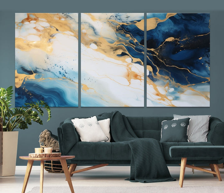 Abstract Painting of Gold Blue Marble Wall Art, Extra Large Framed Canvas Print, Modern Living Room Decor