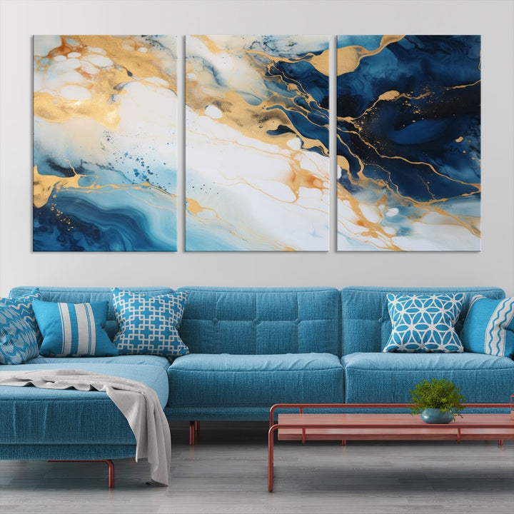 Abstract Painting of Gold Blue Marble Wall Art, Extra Large Framed Canvas Print, Modern Living Room Decor