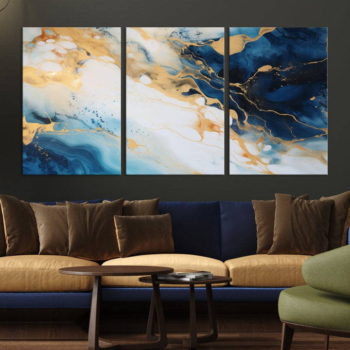 Abstract Painting of Gold Blue Marble Wall Art, Extra Large Framed Canvas Print, Modern Living Room Decor