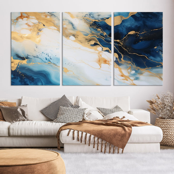 Abstract Painting of Gold Blue Marble Wall Art, Extra Large Framed Canvas Print, Modern Living Room Decor