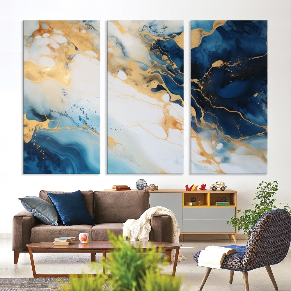 Abstract Painting of Gold Blue Marble Wall Art, Extra Large Framed Canvas Print, Modern Living Room Decor