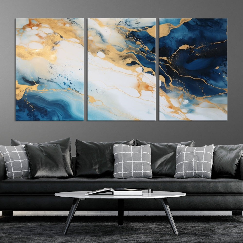 Abstract Painting of Gold Blue Marble Wall Art, Extra Large Framed Canvas Print, Modern Living Room Decor