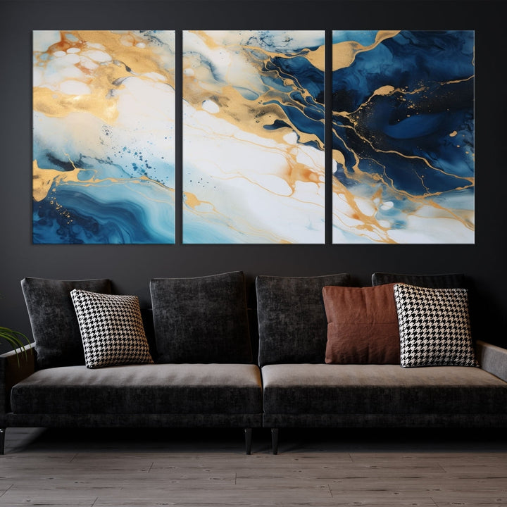 Abstract Painting of Gold Blue Marble Wall Art, Extra Large Framed Canvas Print, Modern Living Room Decor