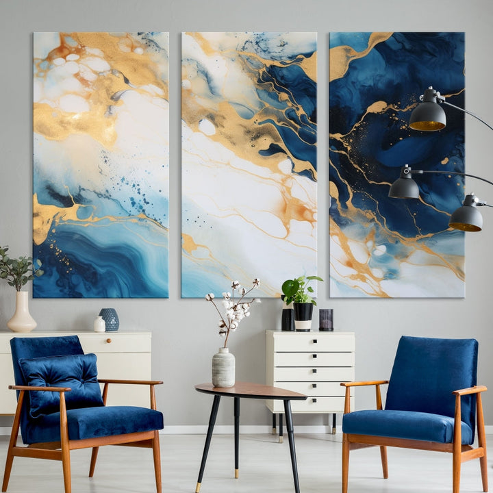 Abstract Painting of Gold Blue Marble Wall Art, Extra Large Framed Canvas Print, Modern Living Room Decor