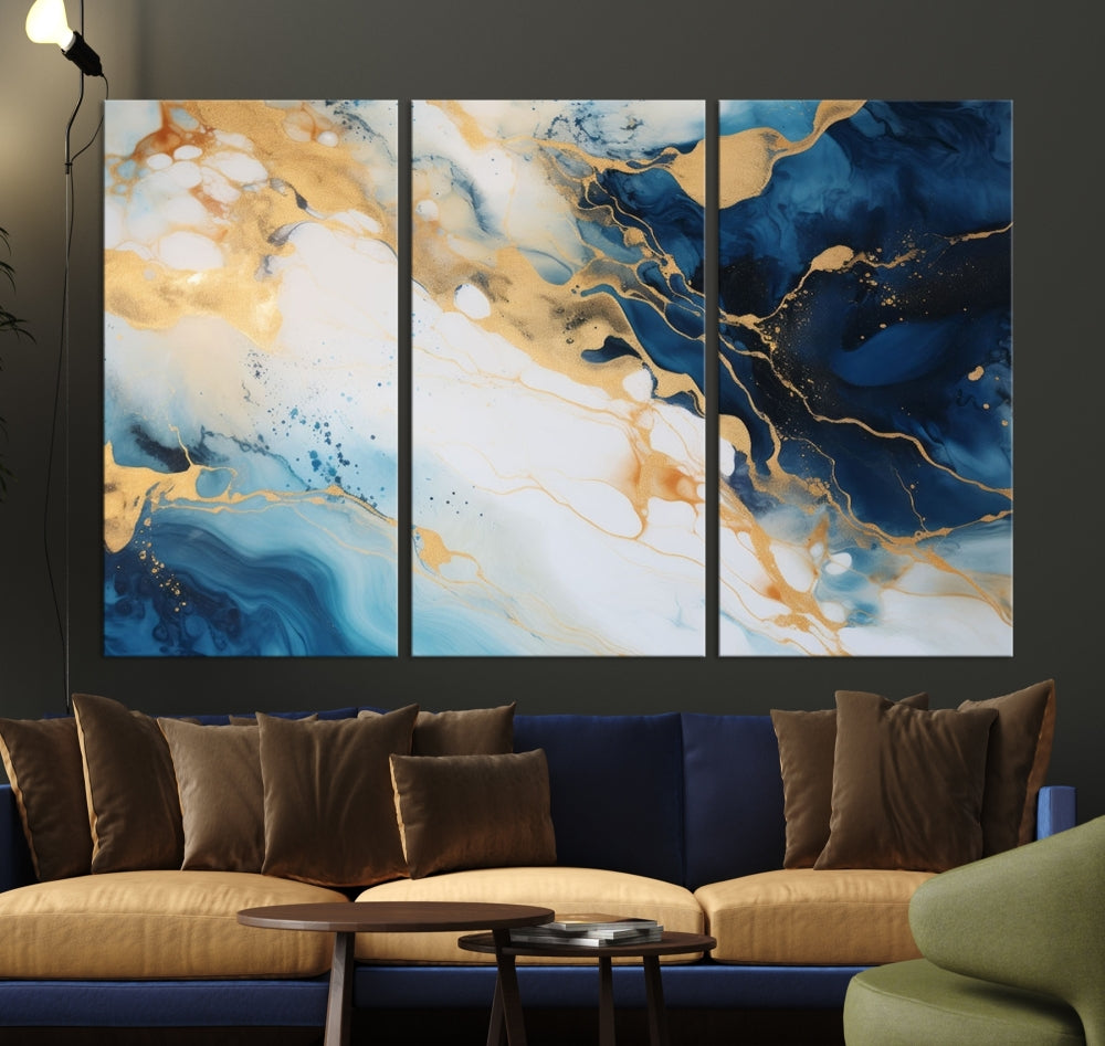 Abstract Painting of Gold Blue Marble Wall Art, Extra Large Framed Canvas Print, Modern Living Room Decor