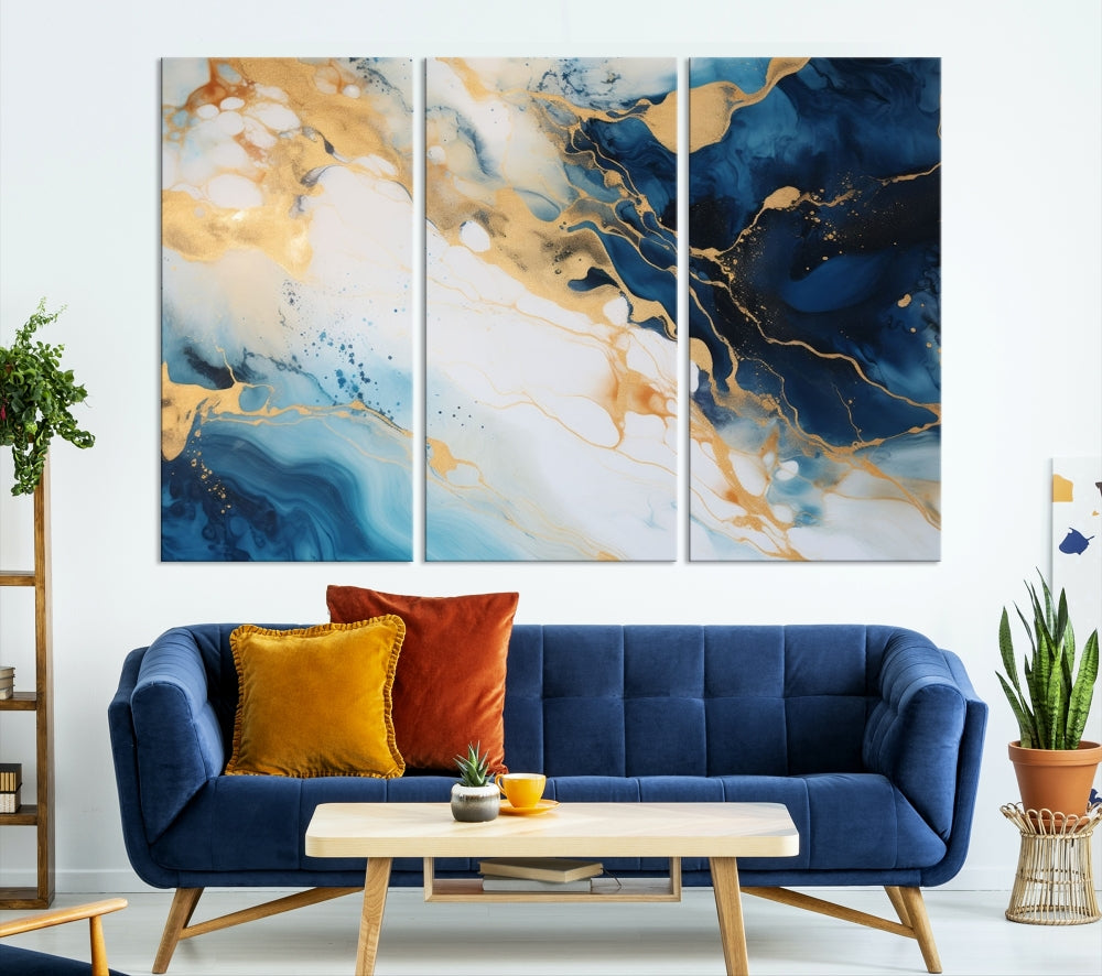 Abstract Painting of Gold Blue Marble Wall Art, Extra Large Framed Canvas Print, Modern Living Room Decor