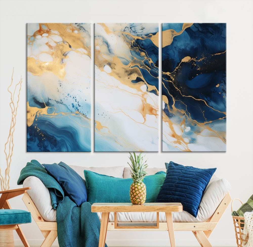 Abstract Painting of Gold Blue Marble Wall Art, Extra Large Framed Canvas Print, Modern Living Room Decor