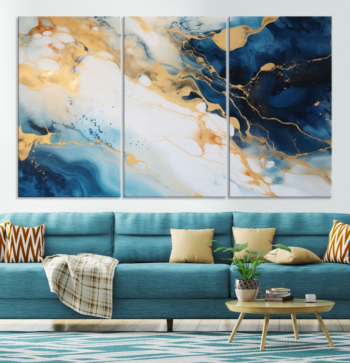 Abstract Painting of Gold Blue Marble Wall Art, Extra Large Framed Canvas Print, Modern Living Room Decor