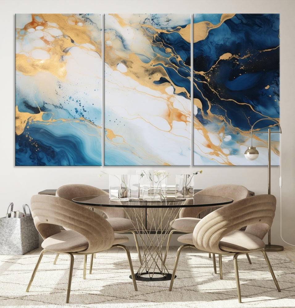 Abstract Painting of Gold Blue Marble Wall Art, Extra Large Framed Canvas Print, Modern Living Room Decor