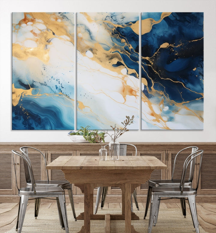 Abstract Painting of Gold Blue Marble Wall Art, Extra Large Framed Canvas Print, Modern Living Room Decor