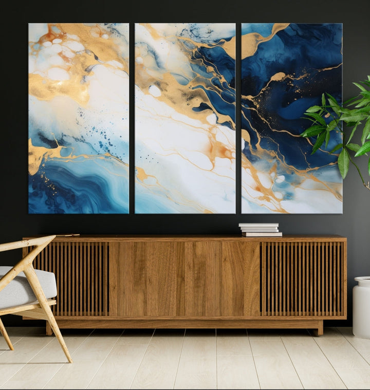 Abstract Painting of Gold Blue Marble Wall Art, Extra Large Framed Canvas Print, Modern Living Room Decor