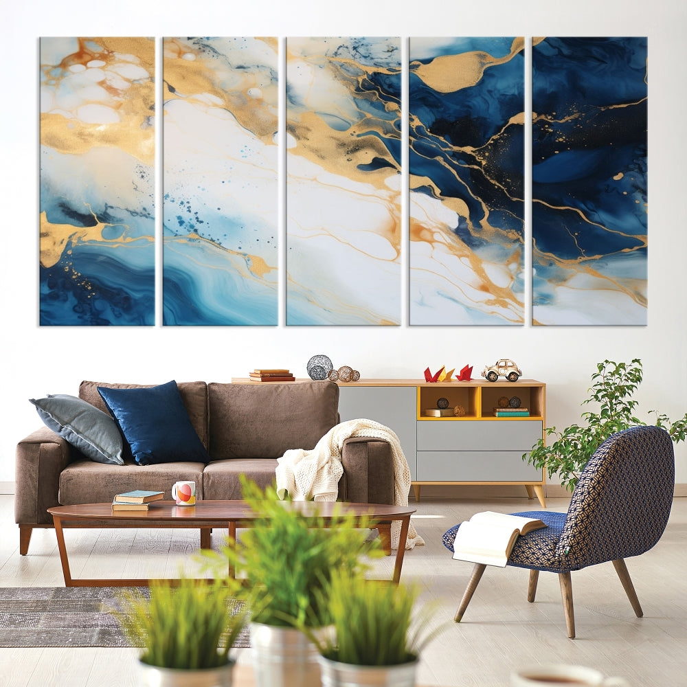 Abstract Painting of Gold Blue Marble Wall Art, Extra Large Framed Canvas Print, Modern Living Room Decor