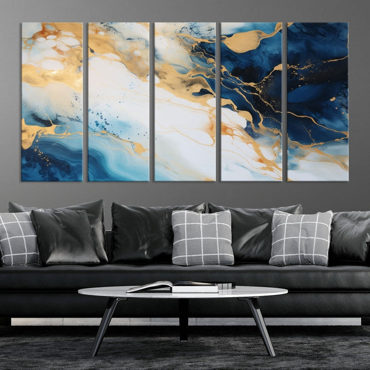 Abstract Painting of Gold Blue Marble Wall Art, Extra Large Framed Canvas Print, Modern Living Room Decor