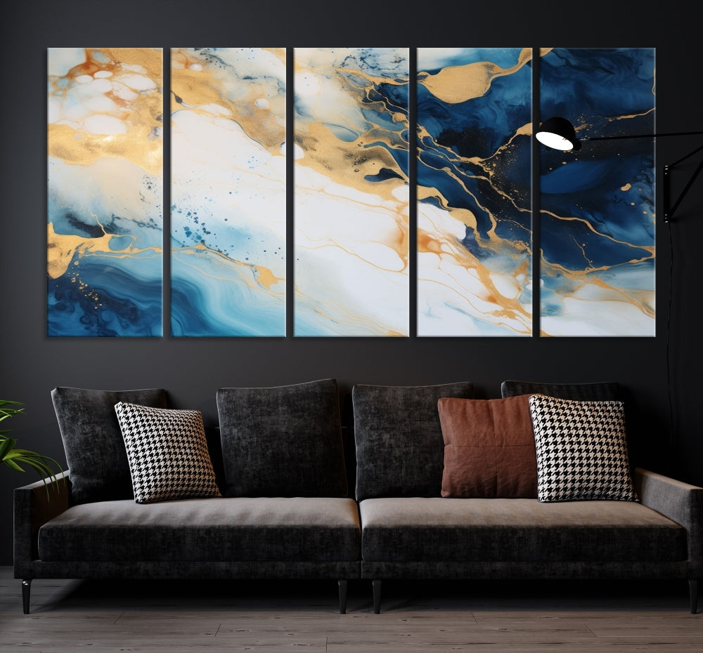 Abstract Painting of Gold Blue Marble Wall Art, Extra Large Framed Canvas Print, Modern Living Room Decor