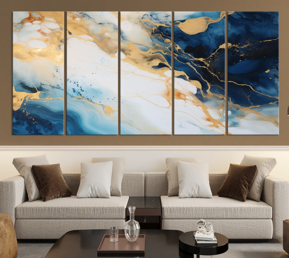 Abstract Painting of Gold Blue Marble Wall Art, Extra Large Framed Canvas Print, Modern Living Room Decor